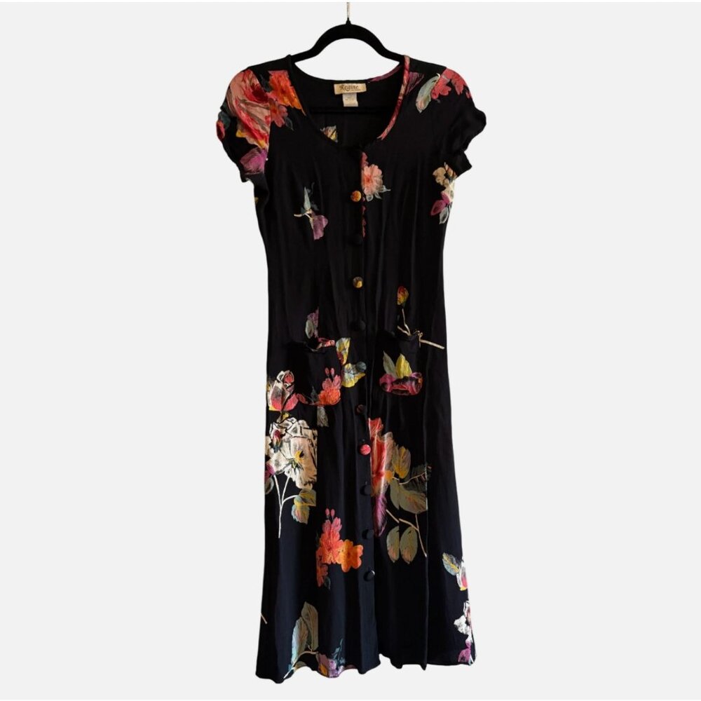Regine Los Angeles Dress Floral Black Crepe Vintage Size Small